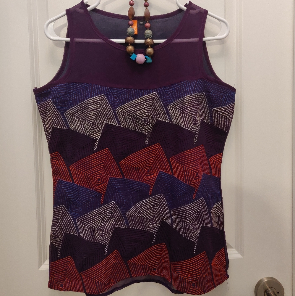 Aubergine geometric silver embroidered top